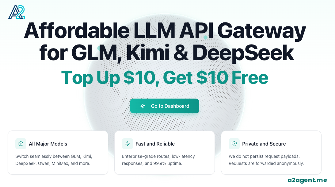Affordable LLM API Gateway · GLM, Kimi, DeepSeek - A2Agent screenshot